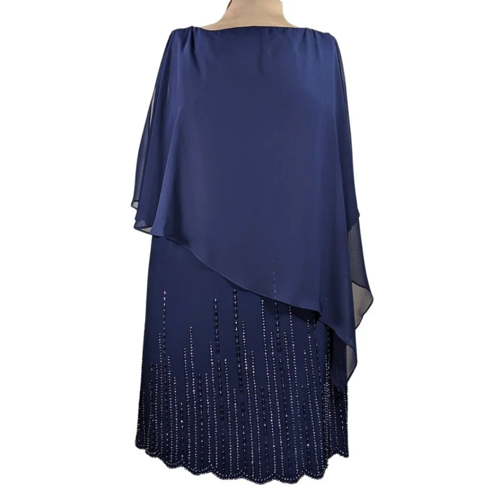 Xscape 14W Navy Blue Mother of the Bride Layered Chiffon Beaded Lined Dress - Picture 1 of 12